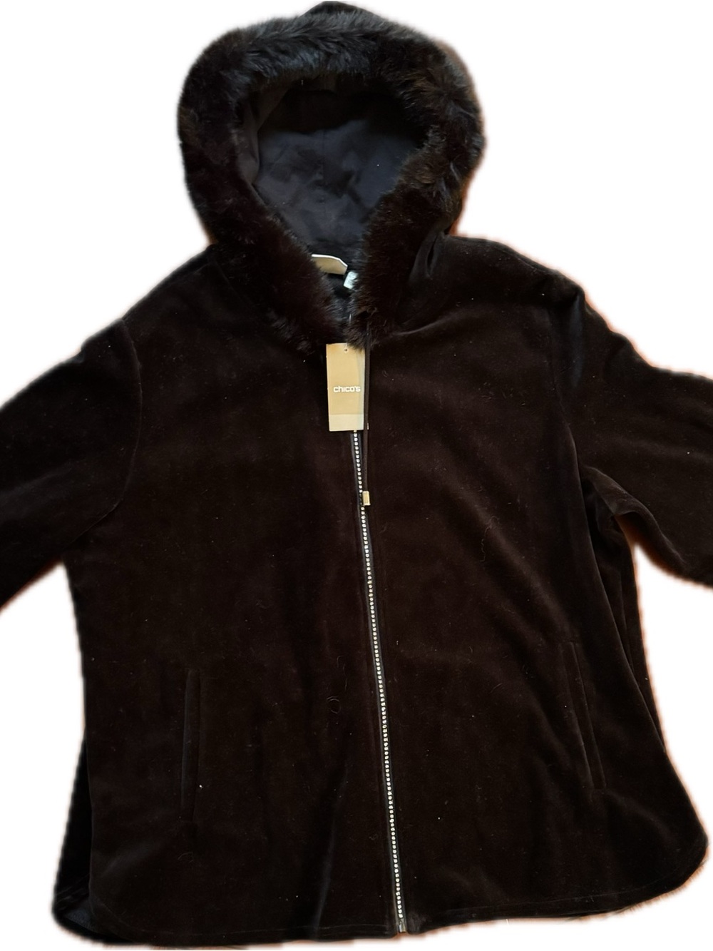 Chico's Black Hooded Faux Fur-Trim 
Jacket